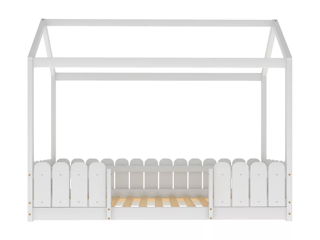 Lit cabane 90x200 cm - Avec protection antichute - Blanc - Sweiko