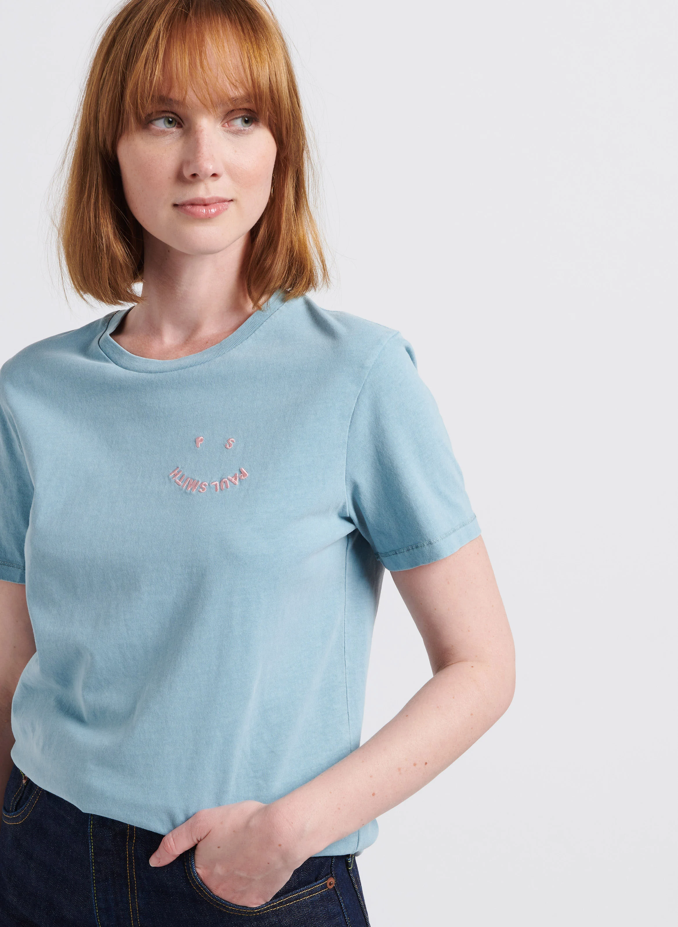 Tee-shirt col rond brodé en coton BIO | Bleu