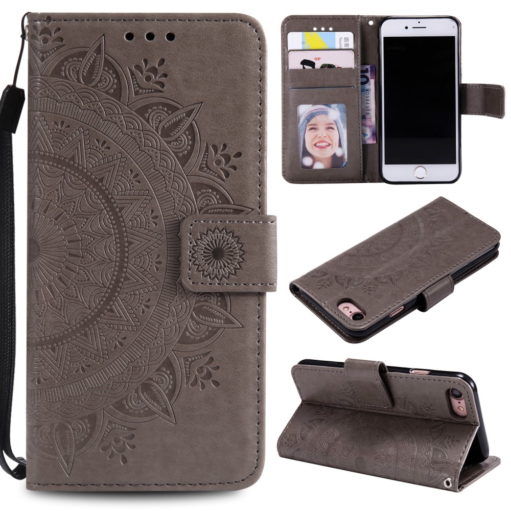 iPhone SE (2022/2020) / 8 / 7 / 6S Leder Tasche Wallet - Mandala Flowers Imprint - Grau