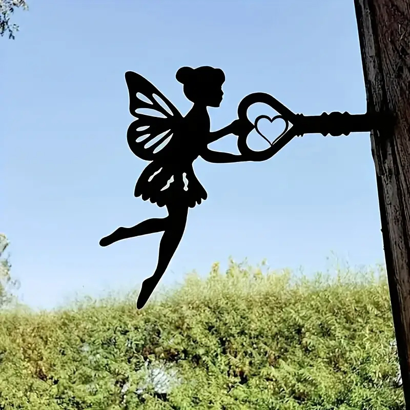 (26x22cm) Metall Fee Silhouette Herz Schlüssel Baum Dekoration Garten Accessoire - Schwarz