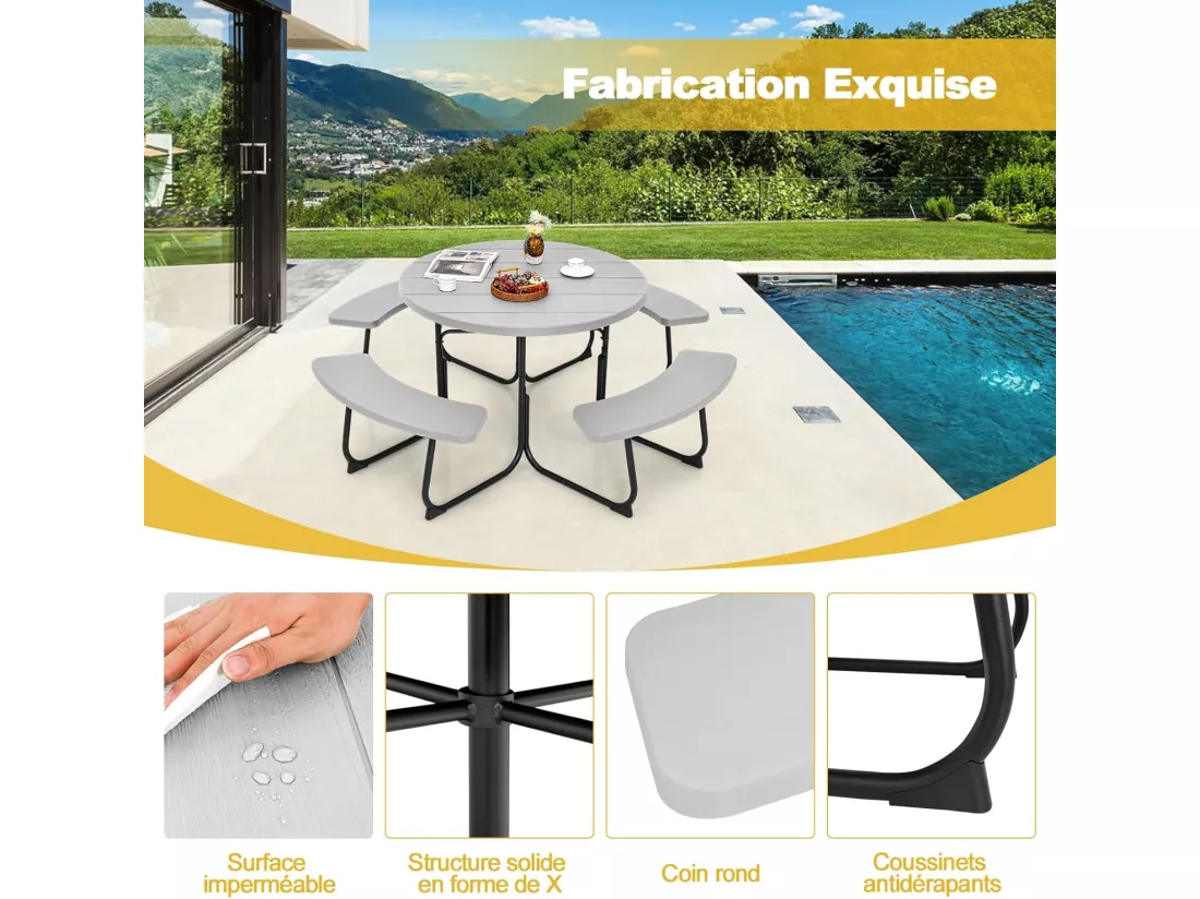 Ensemble Table de Pique-Nique avec 4 Bancs Intégrés, Ensemble de Jardin Table de Pique-Nique Circulaire 135KG Trou pour Parasol, pour Jardin Piscine, 190 x 76 cm,Gris