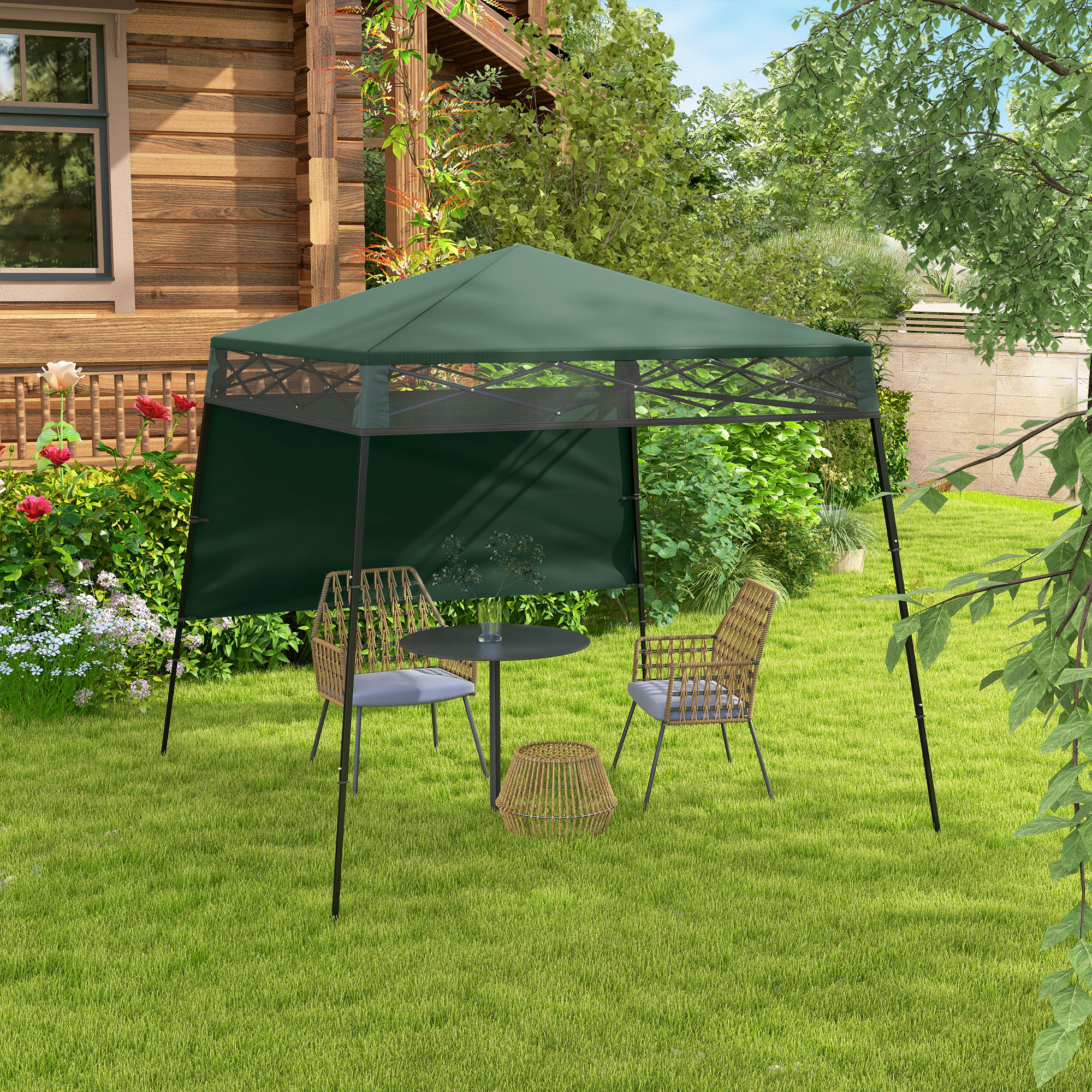 Gazebo dobrável Outsunny 220x220x200 cm, com 1 parede lateral, bolsa de transporte, impermeável e com proteção UV50+ para jardim e pátio, verde.