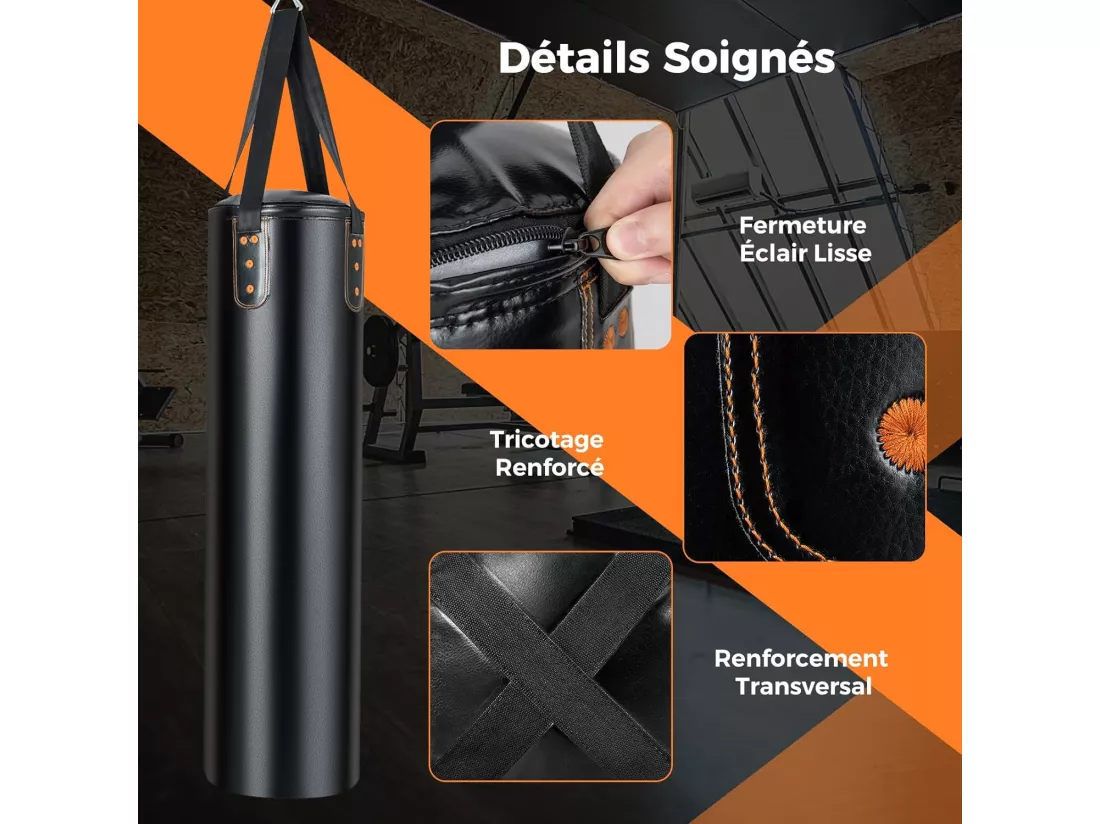 Sac de Frappe 16KG 4 en 1 et 2 Gants, Ensemble de Sac de Boxe Suspendu avec Bandage pour Les Mains Chaînes de Suspension, Double Couture pour Sparring Muay Thaï, MMA
