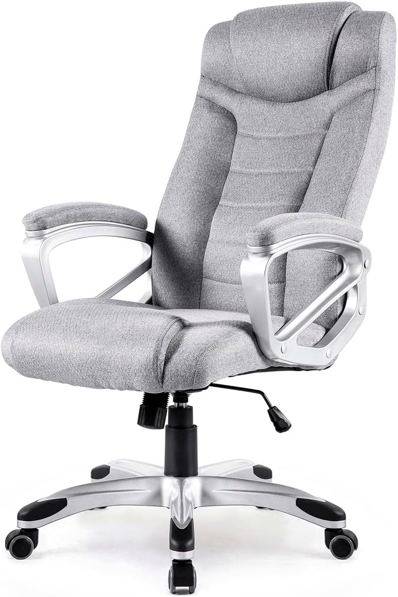 Stoff-Chefsessel Executive, ergonomischer Bürostuhl bis 140 kg, Drehstuhl mit Armlehnen, Schreibtisch Stuhl mit Hohe Rückenlehne, grau