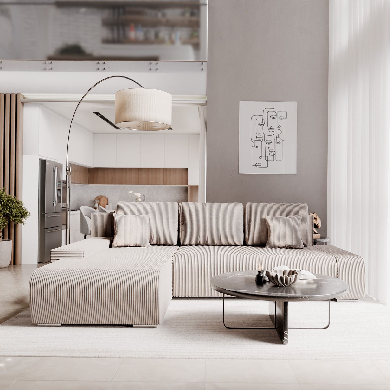 Juskys Sofa Iseo Links mit Schlaffunktion - Stoff Couch L Form für Wohnzimmer - Beige
