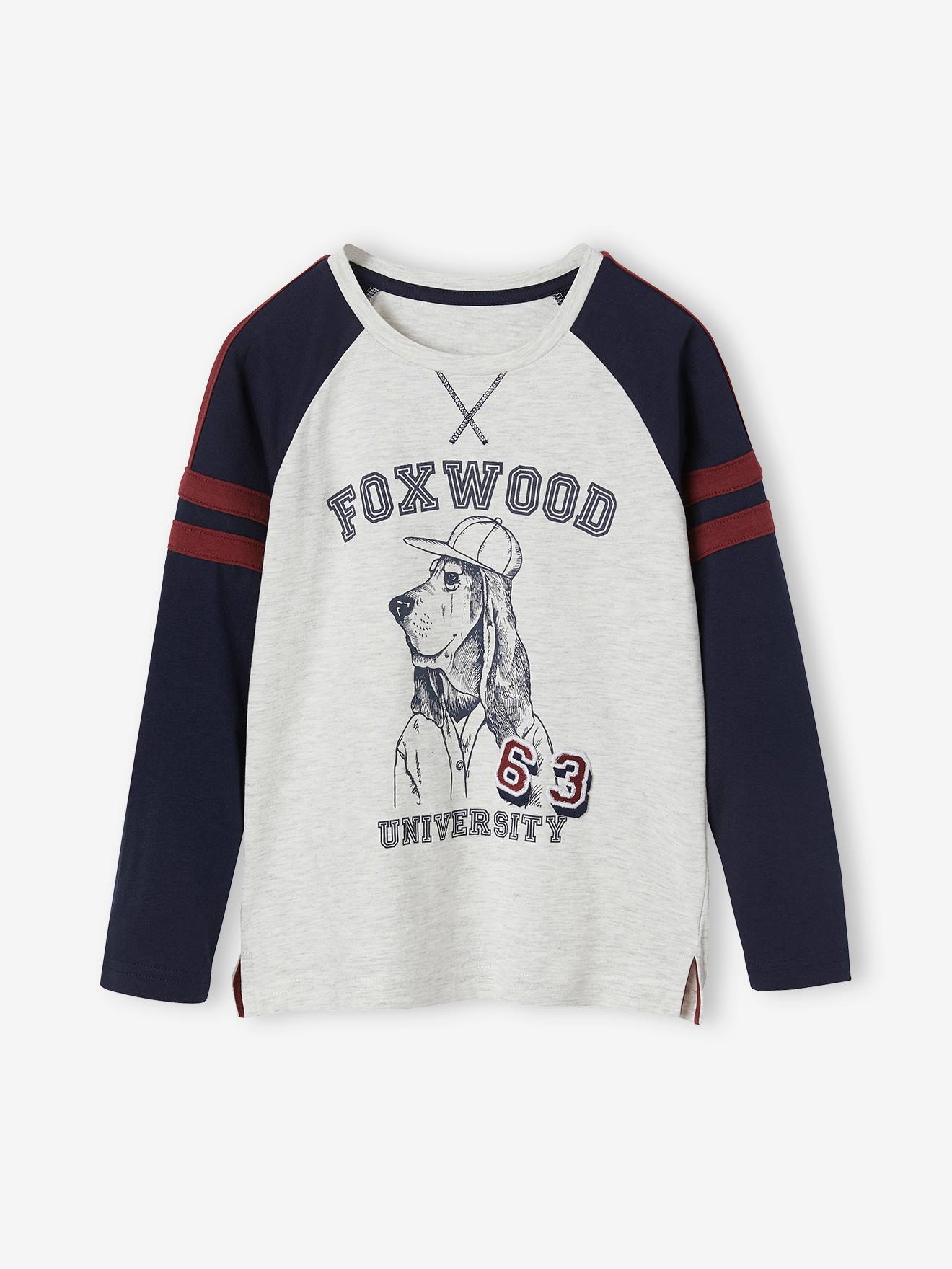Camiseta raglan azul marinho de manga comprida com estampa e detalhes de cachorro para meninos
