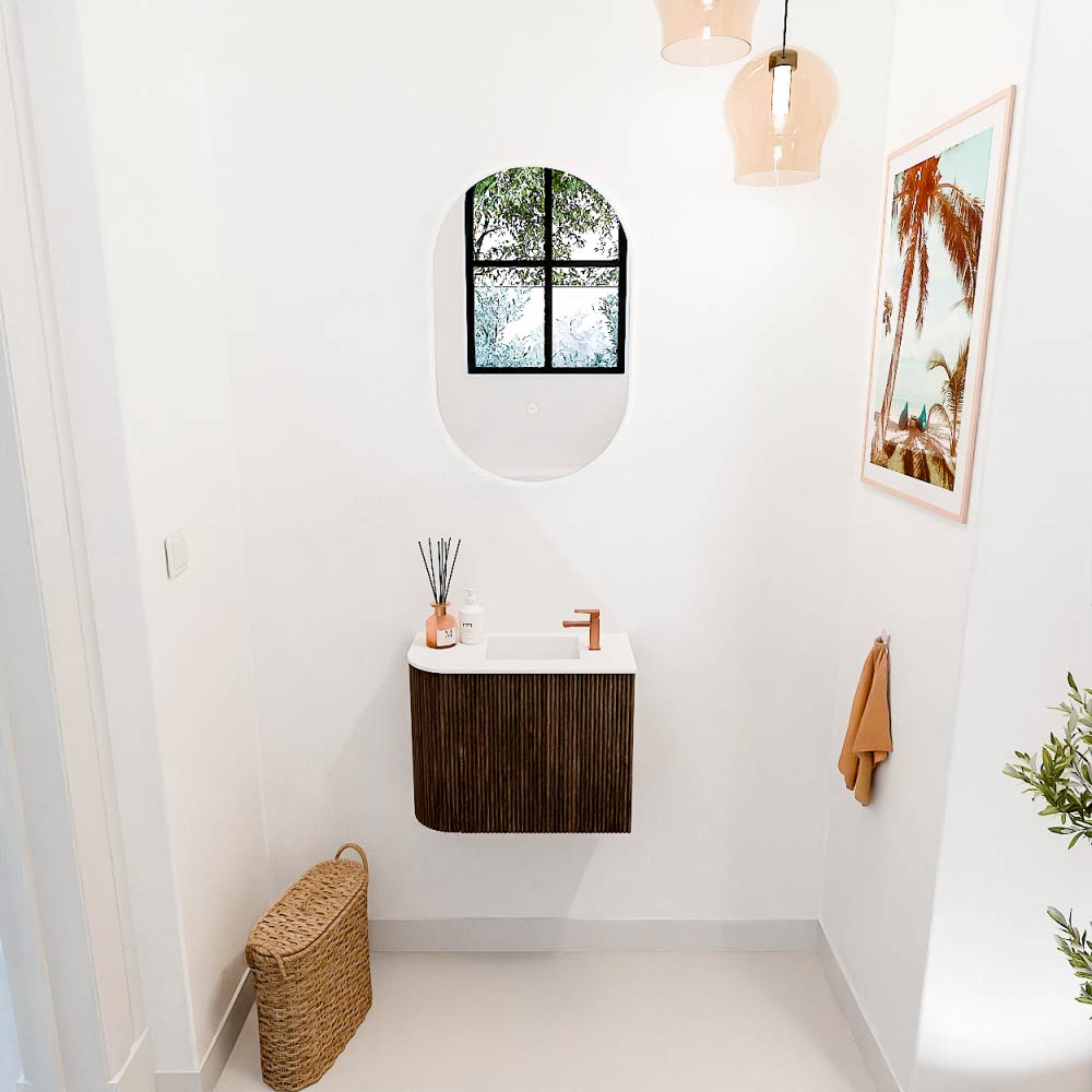 Mondiaz Joya 50cm toiletmeubel ronding links walnut met wastafel faye rechts 1 kraangat talc