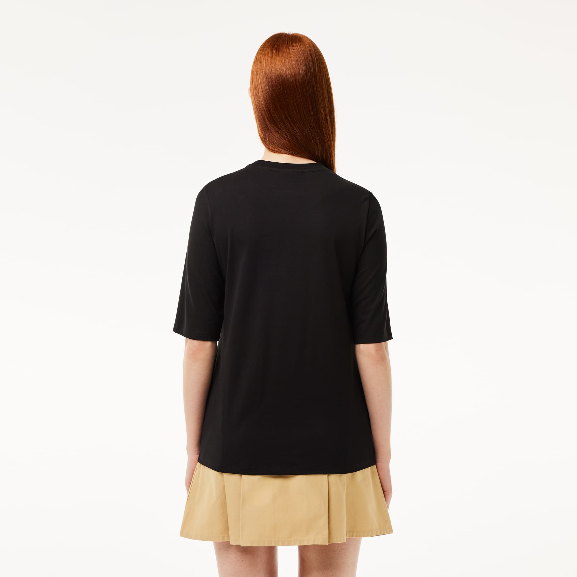 T-shirt à col rond et manches trois-quarts en coton uni T-Shirts - Noir - Lacoste - Femme