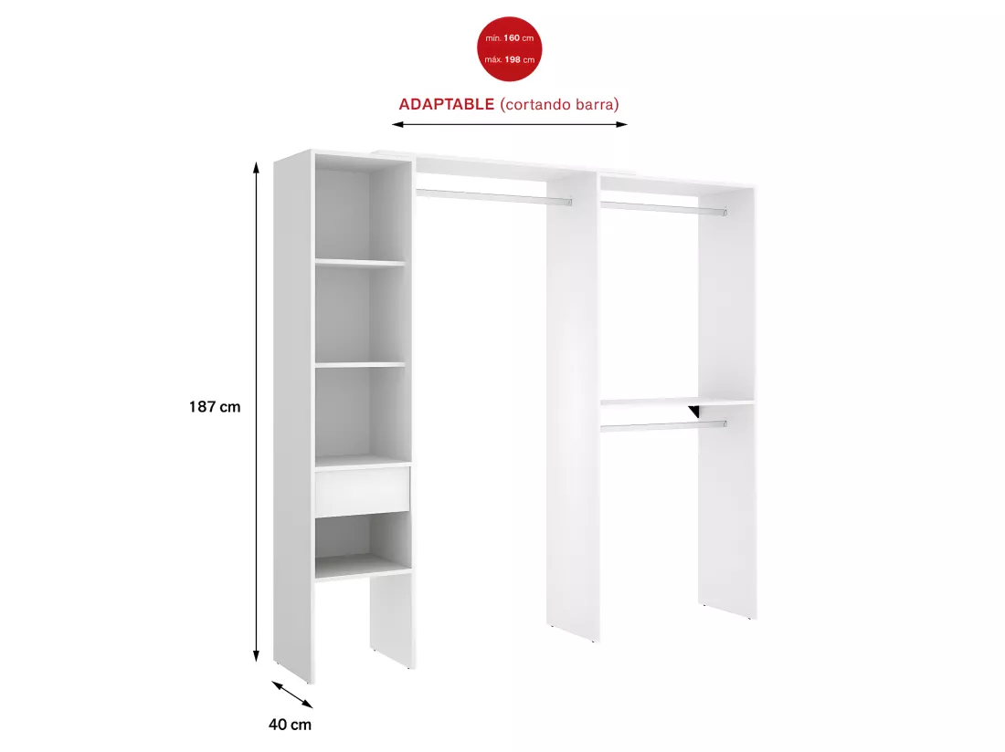 Armoire dressing double en bois mélaminé coloris blanc - Longueur 98 x Profondeur 41 x Hauteur 187 cm