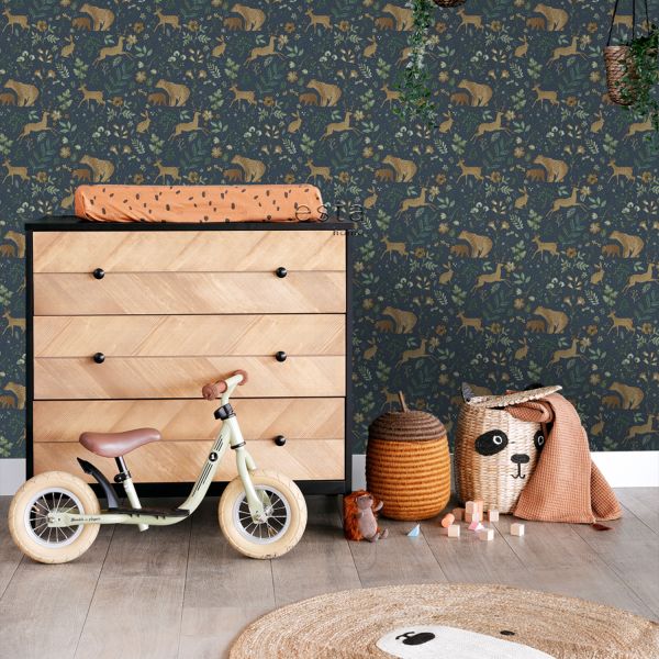 Estahome Bos Met Bosdieren Behang III - 0,53 x 10,05 m - Donkerblauw / Beige