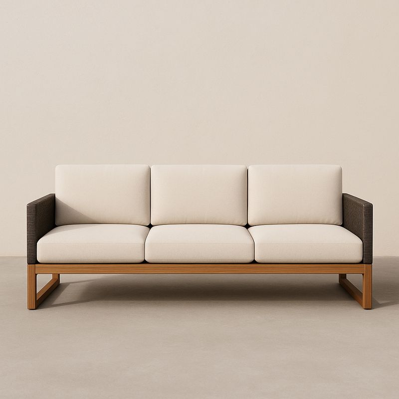 Dreiersofa Teakholzrahmen Creme Rattanseiten