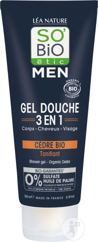 So'Bio Étic Men Gel Douche 3en1 Corps/Cheveux/Visage Cèdre Bio Tonifiant Tube 200ml