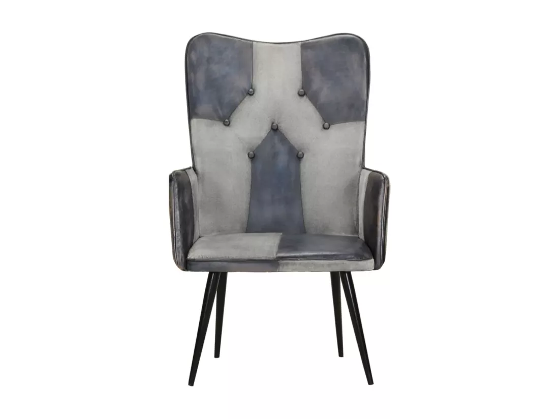 Fauteuil à oreilles Gris Cuir véritable