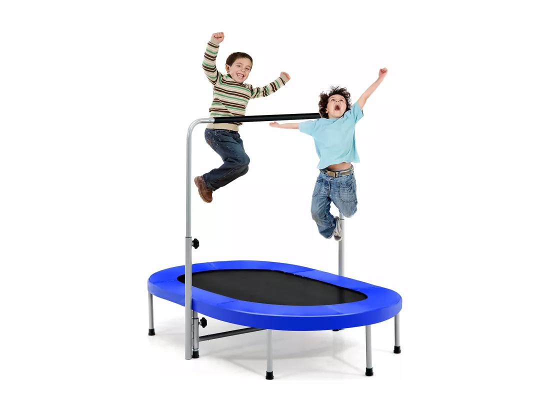 Trampoline Pliable pour 2 Enfants Intérieur/Extérieur avec Main Courante Ajustable Coussin Tapis de Saut Charge 150kg Bleu