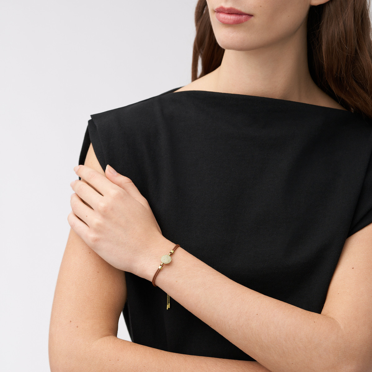 Bracelet FOSSIL acier inoxydable cuir marron cristal