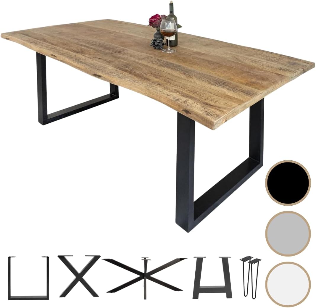 Loreno Handgefertigter Esstisch aus Mangoholz, 120x80cm - 300x100cm Massiver Tisch mit Baumkante, Gestelle, Nachhaltig und Stabil - Tisch Holz Esszimmer, Küchentisch Holz, Esstisch Echtholz