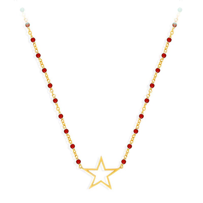 Collier Argent Doré étoile Et Pierre Rouge