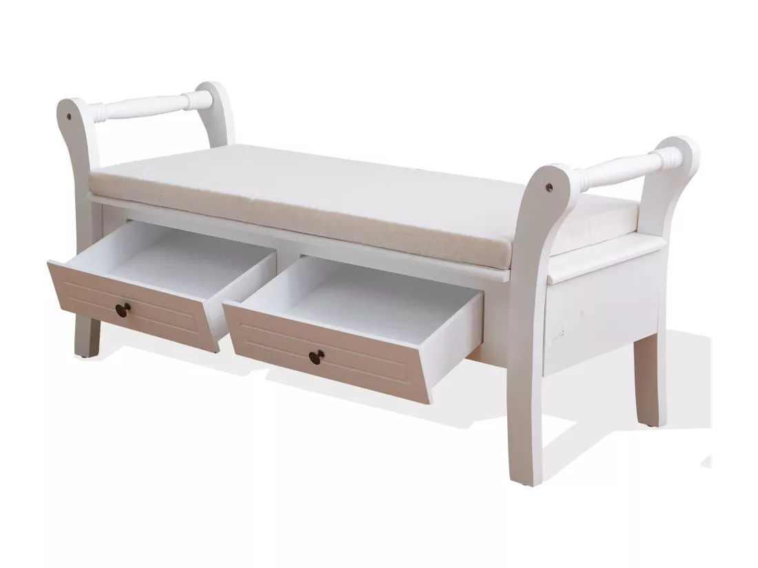 Mobili Rebecca Banc de Jardin Coffre 2 Tiroir Bois Blanc Provençal 47,5x108,5x40