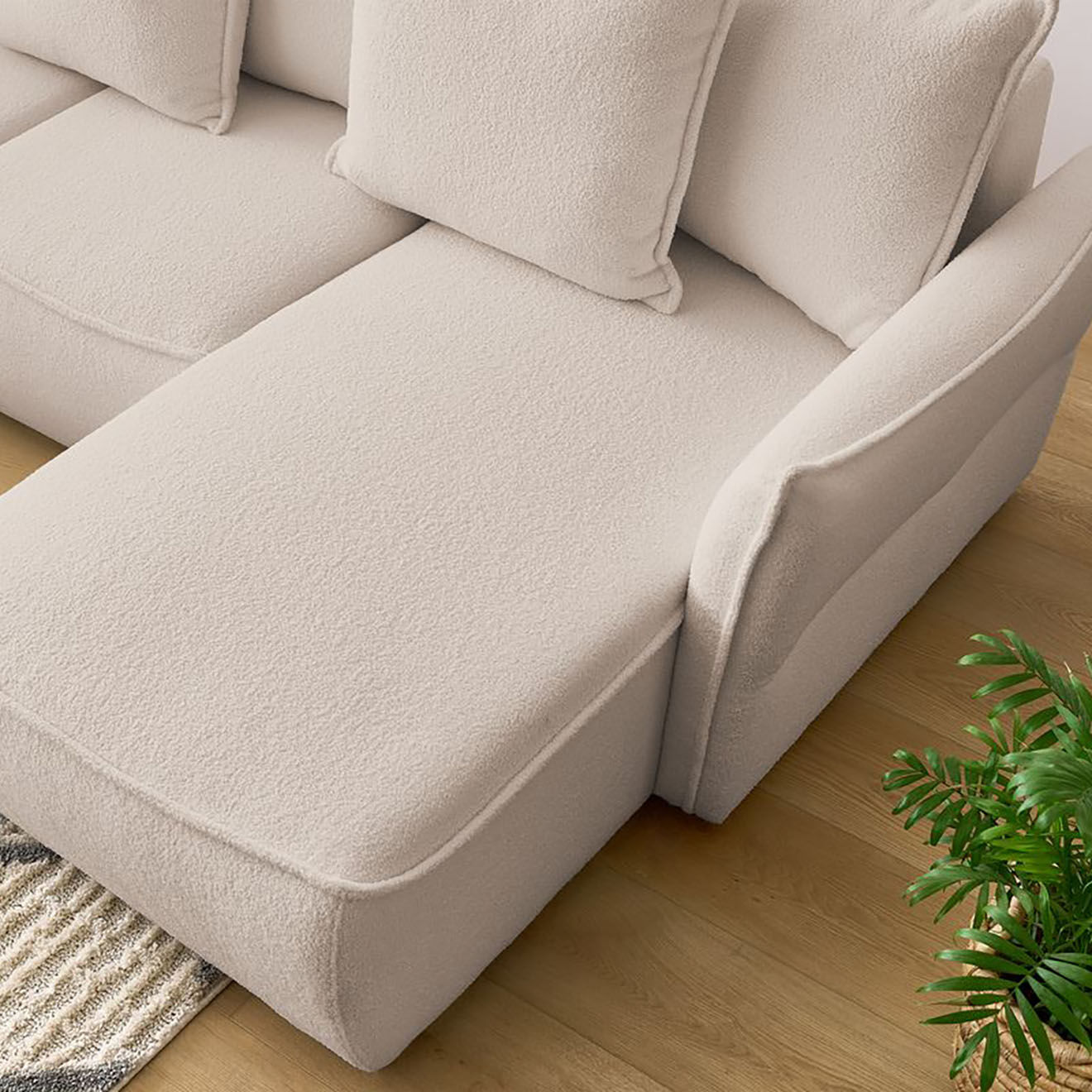 Bobochic Canapé panoramique convertible coffre d'angle droit bouclette léon beige - 320x194x90 cm