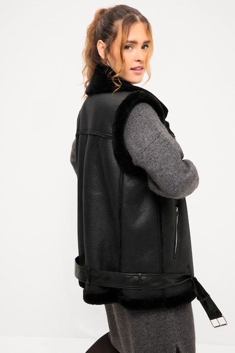 Bikerweste, Shearling, Hemdkragen, schräger Zipper, 2 Zipptaschen