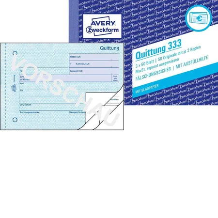 Avery Zweckform 333 Quittung MwSt. separat ausgewiesen, A6 quer, mit Blaupapier, 3x50 Blatt