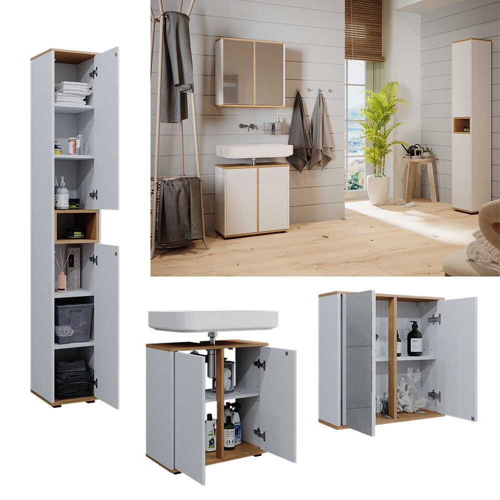 Vicco Badmöbel-Set Didi Weiß Eiche 3 Teile mit Hochschrank