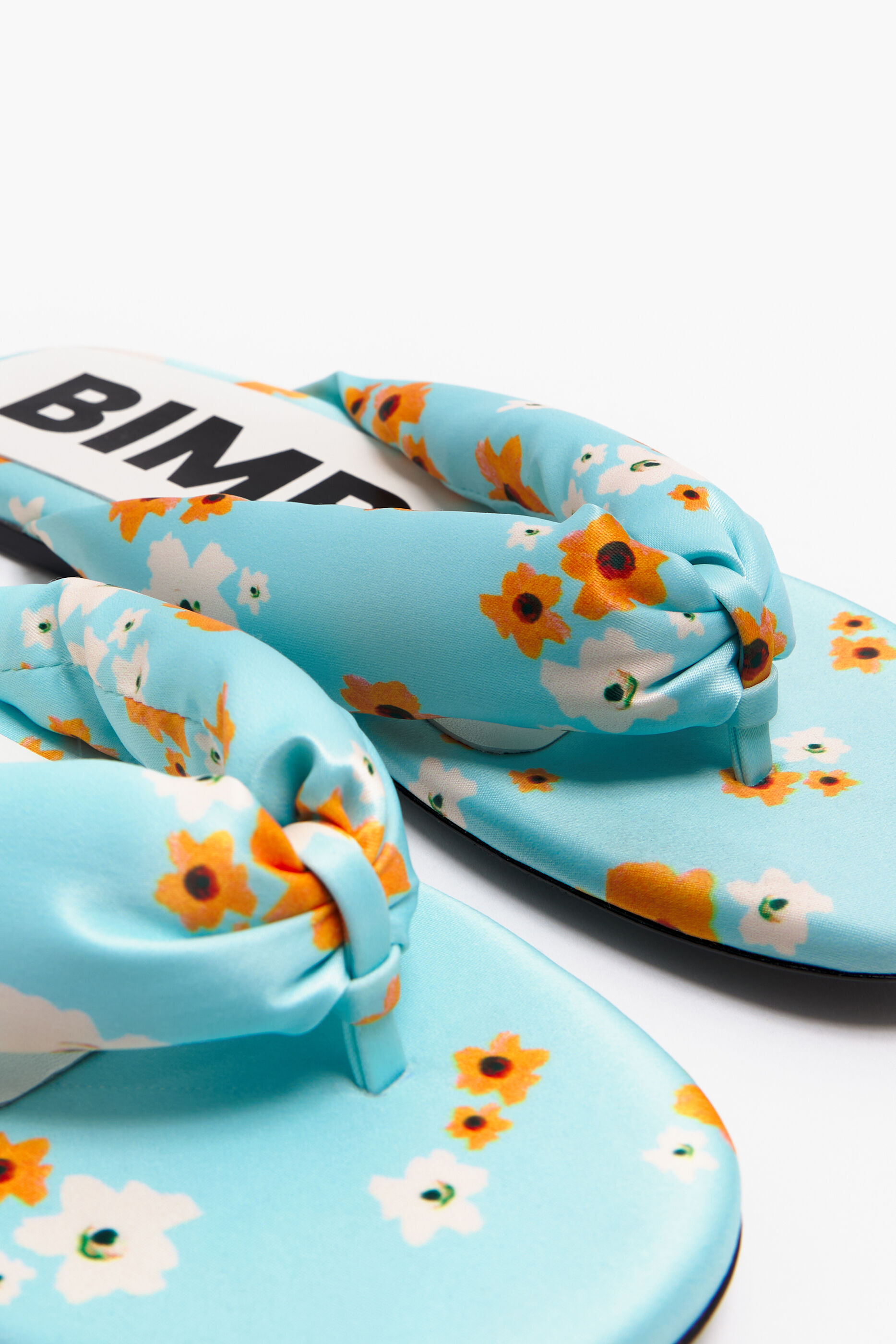 Sandália rasteira tubular com estampa de flores em acrílico azul