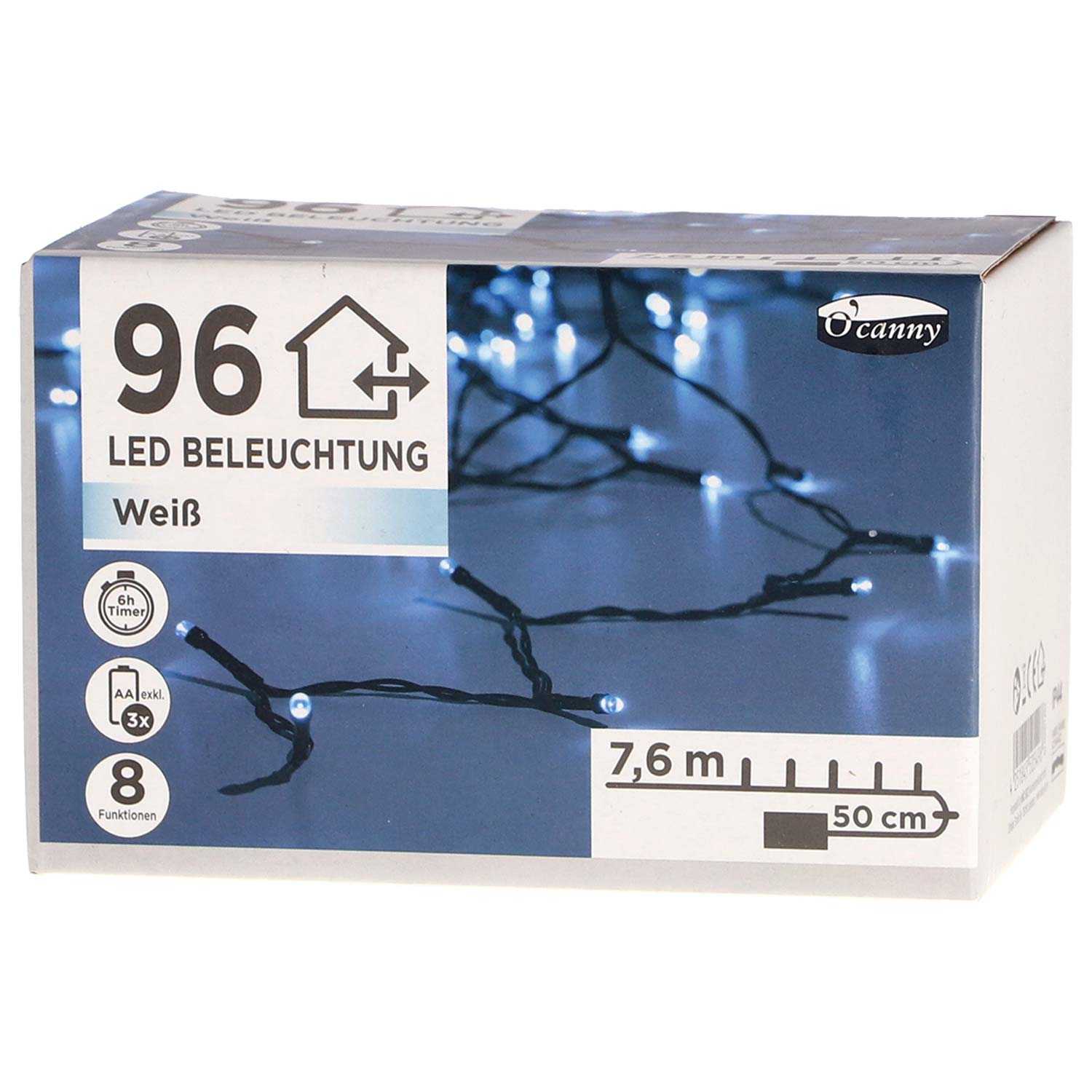 O'canny Outdoor LED-Lichterkette kaltweiß mit Timer & 8 Funktionen 7,60 m 96er