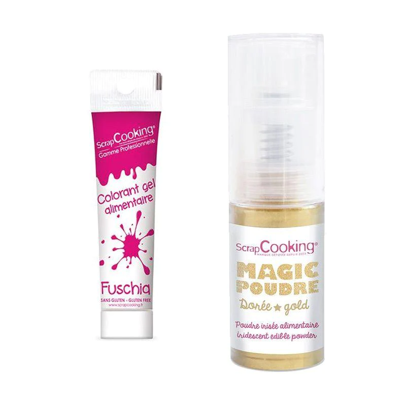 Colorant alimentaire en gel fuschia + Poudre alimentaire irisée dorée