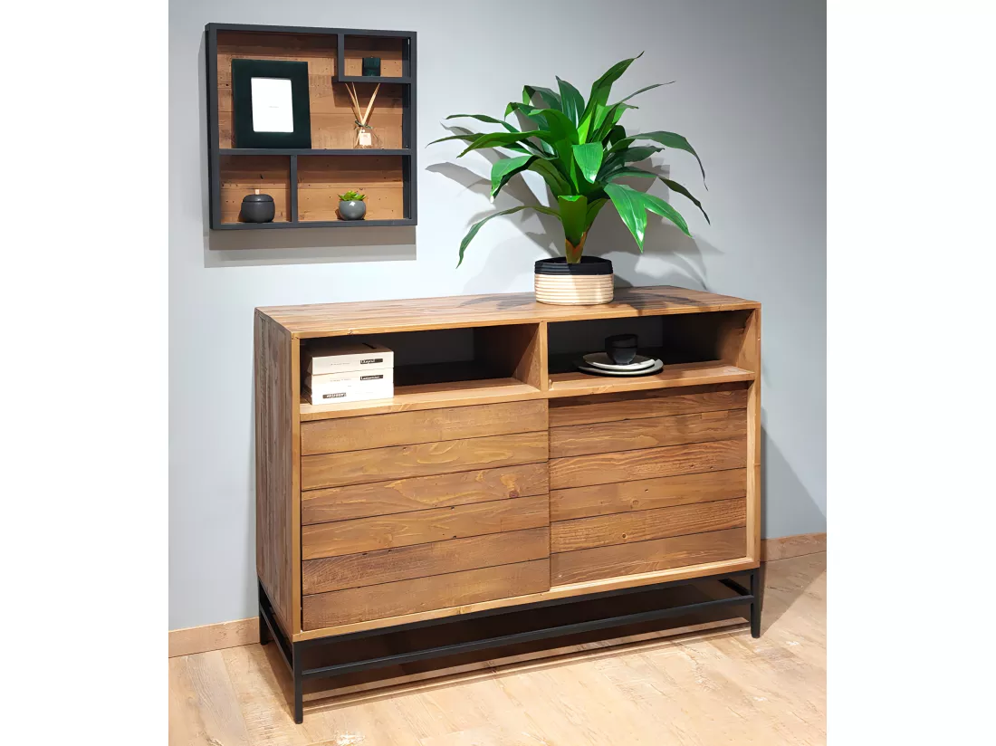 Buffet industriel bois rustique et métal noir L.140 cm - FACTORY