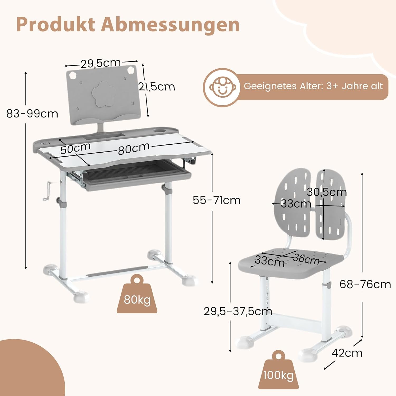 COSTWAY Schreibtisch Kinder mit Stuhl, Kinderschreibtisch höhenverstellbar mit neigbarer Tischplatte, Jugendschreibtisch mit Schublade & Buchständer für Schulanfänger ab 3 Jahren (Grau)
