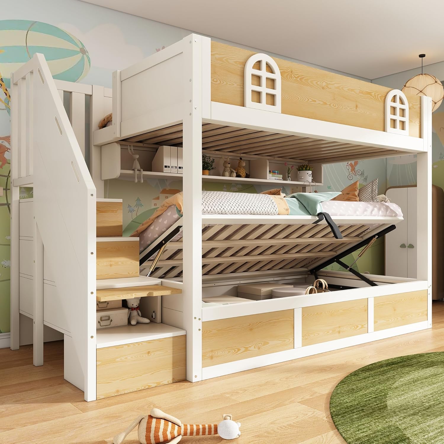 Mrwoo Etagenbett 90x200 cm, Kinderbett mit Hydraulischem Stauraum, Stauraumbett mit Fenster und Offene Regale, Lattenrost, Rausfallschutz Geländer, Weiß+Natur (Ohne Matratze) (90x200 cm)