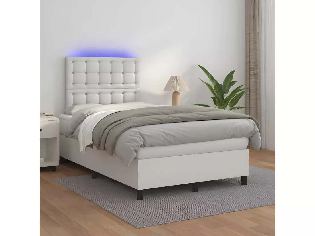 Sommier tapissier et matelas et LED Blanc 120x200 cm Similicuir
