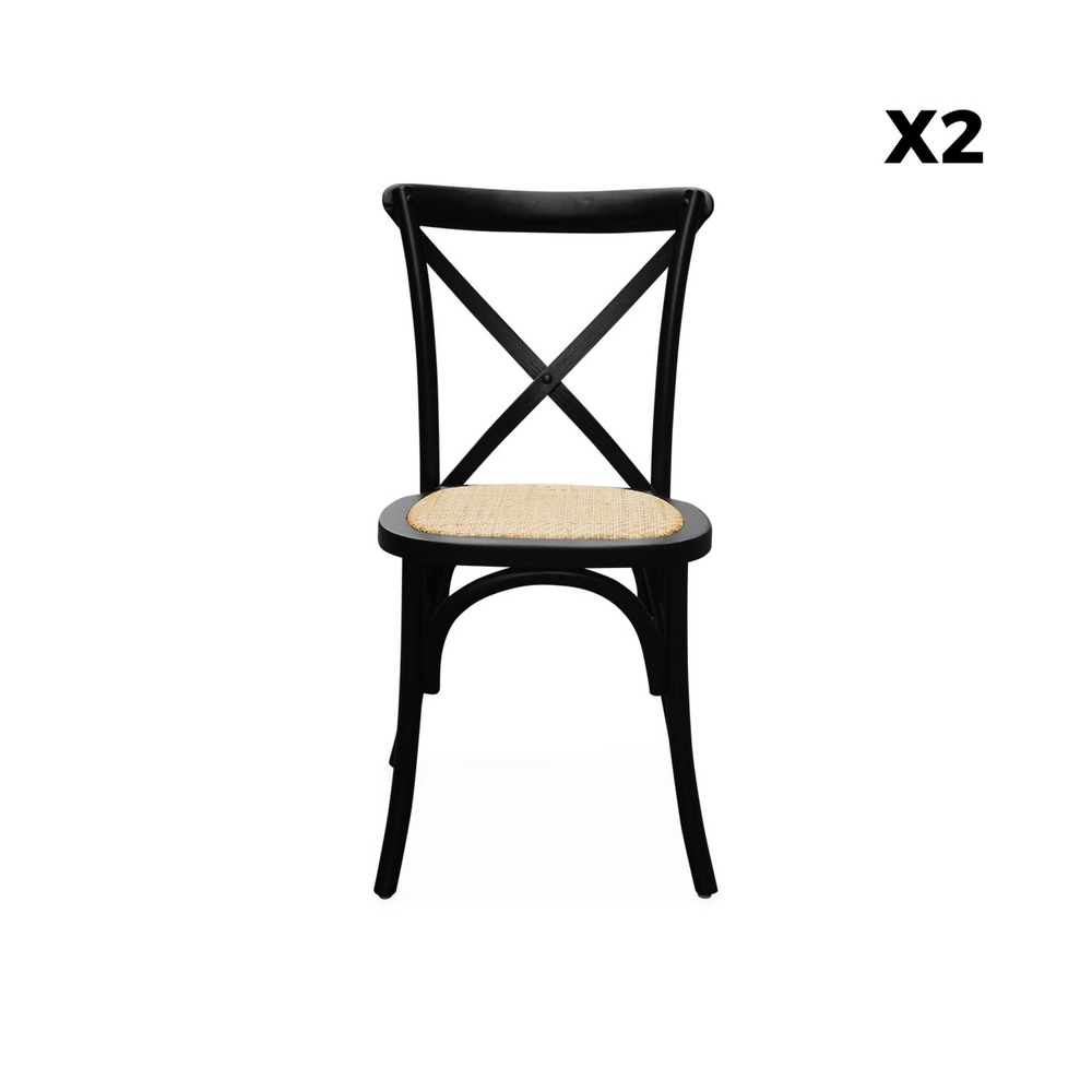 Lot de 2 chaises de bistrot en bois d'hévéa noir. Vintage. Assise en rotin. Empilables