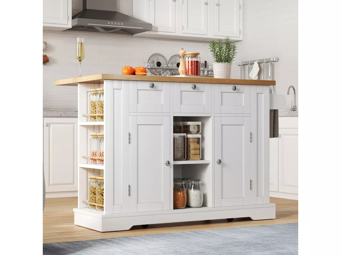 Ilot central de cuisine mobile avec 3 tiroirs, 2 portes et étagères - plateau extensible - 132 x 40/70 x 87 cm - Bois MDF - Blanc + naturel