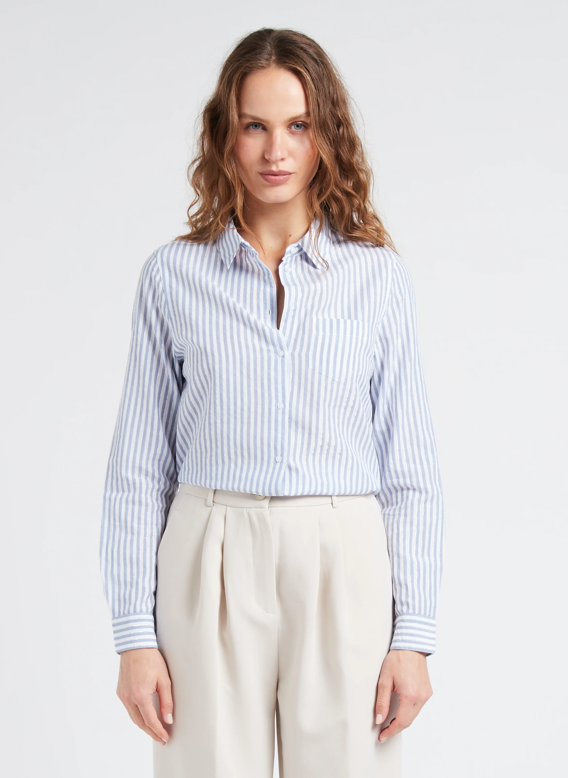 CATHIA - Chemise col classique rayée en coton mélangé| Bleu