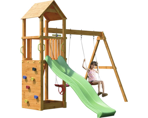 Marimex Play 006 speeltoren, hout en metaal, natuurlijke afwerking, inclusief basistoren, gele glijbaan, schommel, stuur, ladder, telescoop, klimgrepen en zandbak.
