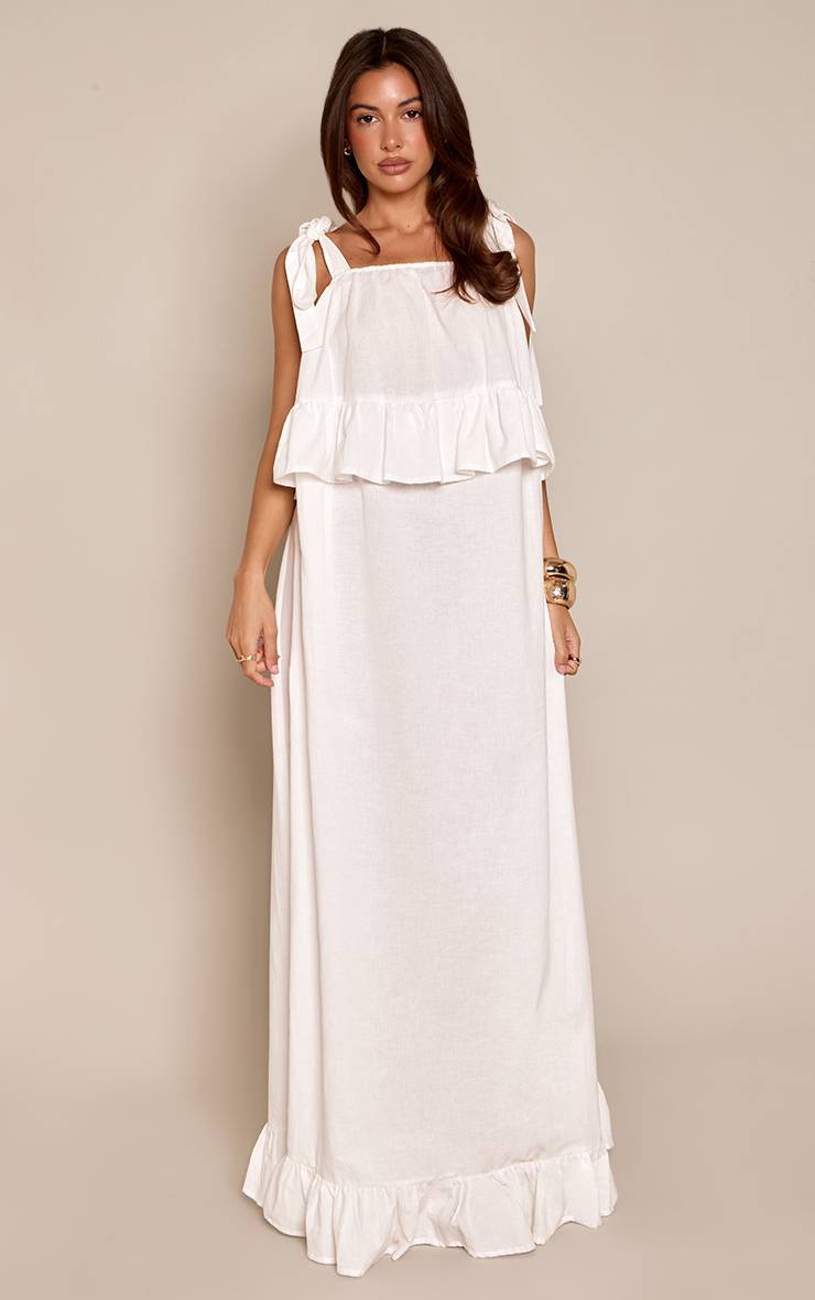 Blanc Robe Maxi À Bretelles Nouées À Volants Effet Lin