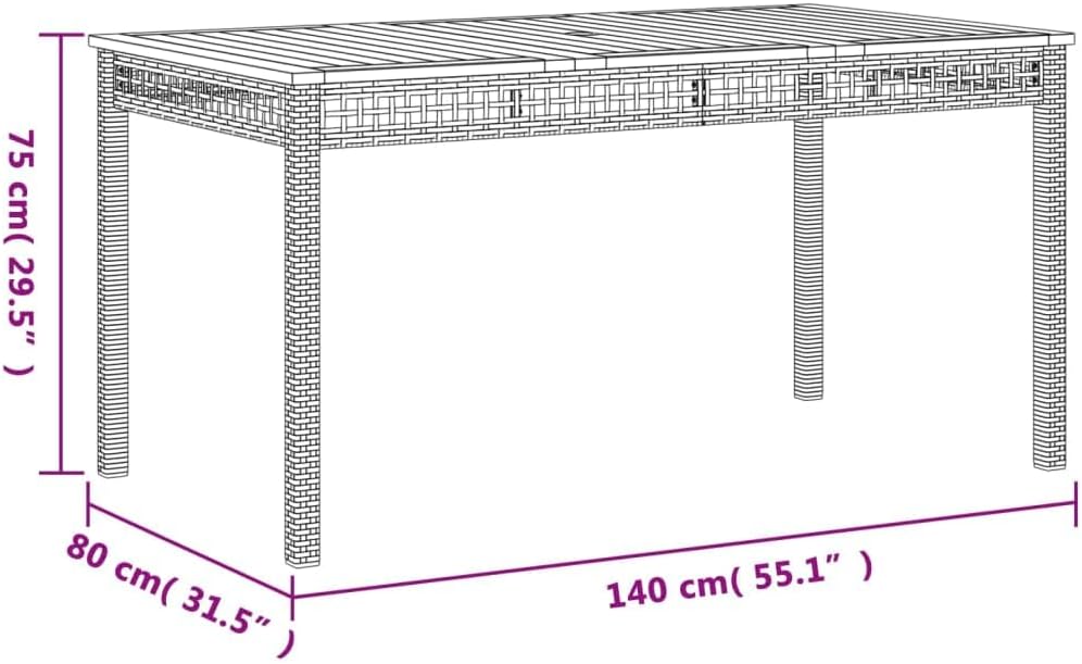 Gartentisch Schwarz 140 x 80 x 75 cm aus Polyrattan und massivem Akazienholz mit Stahlgestell, Gartentisch wetterfest und UV-beständig