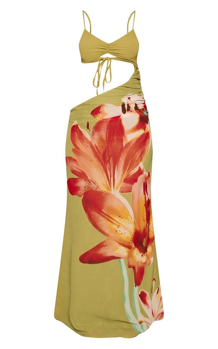 Vert Robe Maxi Fluide En Mousseline Imprimée Froncée Avec Liens Latéraux Petite