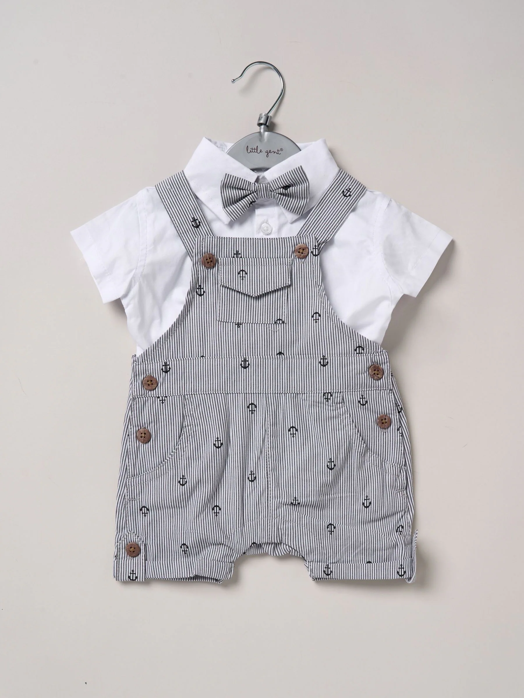 Donkerblauw - Little Gent 100% Cotton Bodysuit Shirt Dungarees and Bowtie Outfit Set