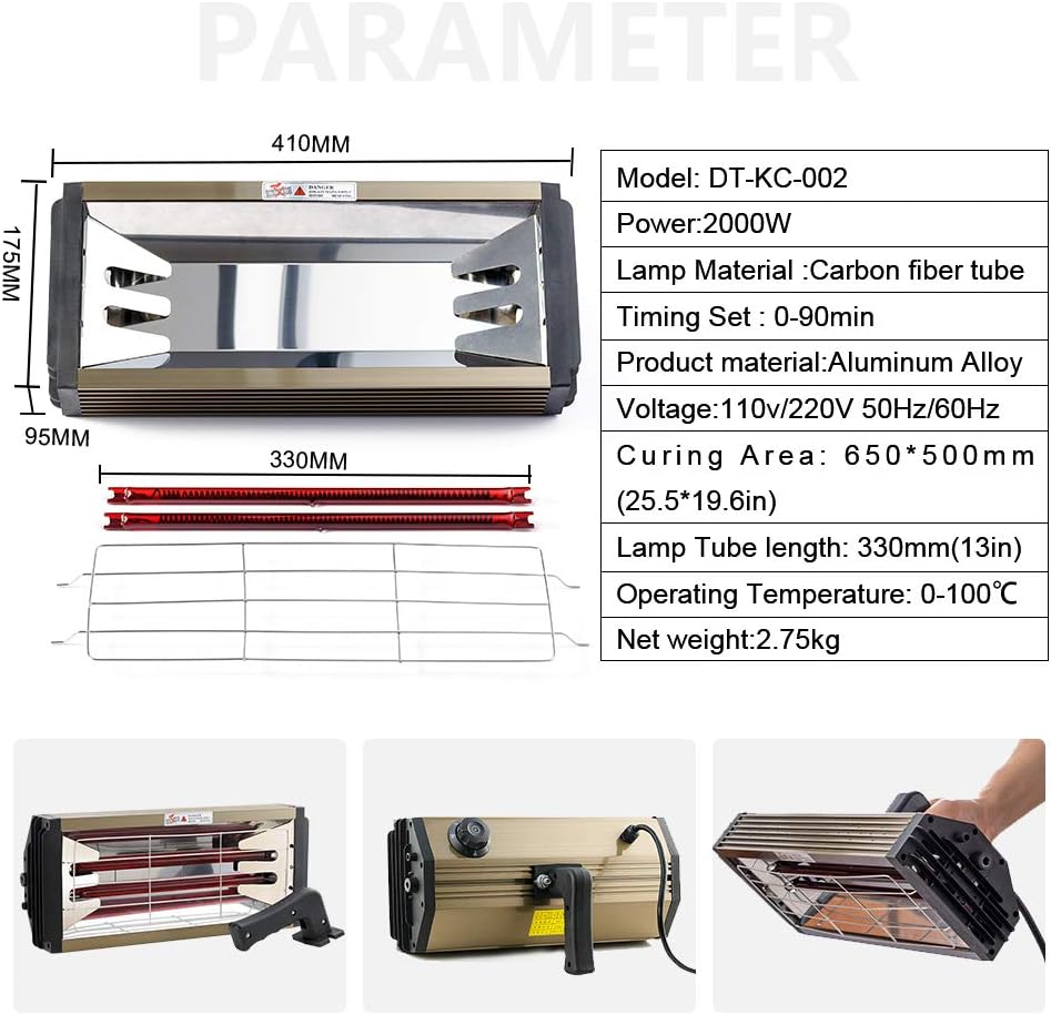 DATOUBOSS 2000W Lacktrockner Infrarot Trockner Strahler Auto Hand Infrarottrockner Kurzwellen Infrarotlampe Timing 0-60 Min, Infrarotstrahler Backfläche 650 * 500mm, 0-230℃ 230V 50/60HZ
