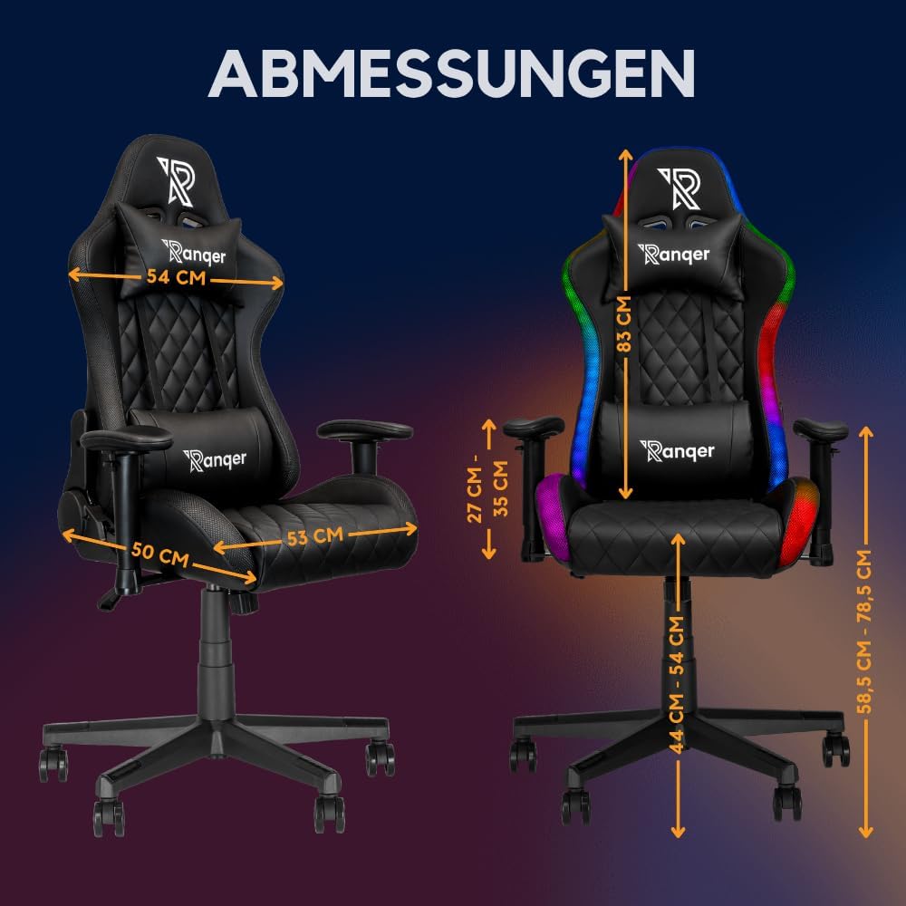 Halo Gaming Stuhl RGB LED Bürostuhl, Ergonomischer Schreibtischstuhl mit 350 Farben & Effekten, Höhenverstellbare 2D Armlehnen, 90-180° Rückenlehne, Drehstuhl für Gamer, Schwarz