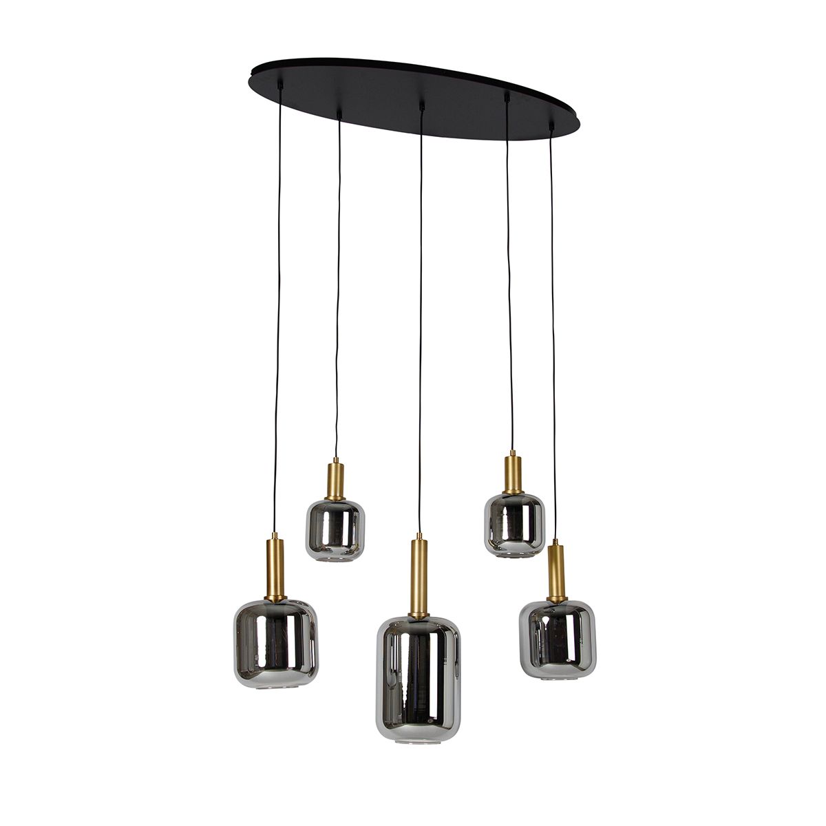 Smart hanglamp zwart met goud en smoke glas ovaal 5-lichts incl. 5 Wifi A60 - Zuzanna