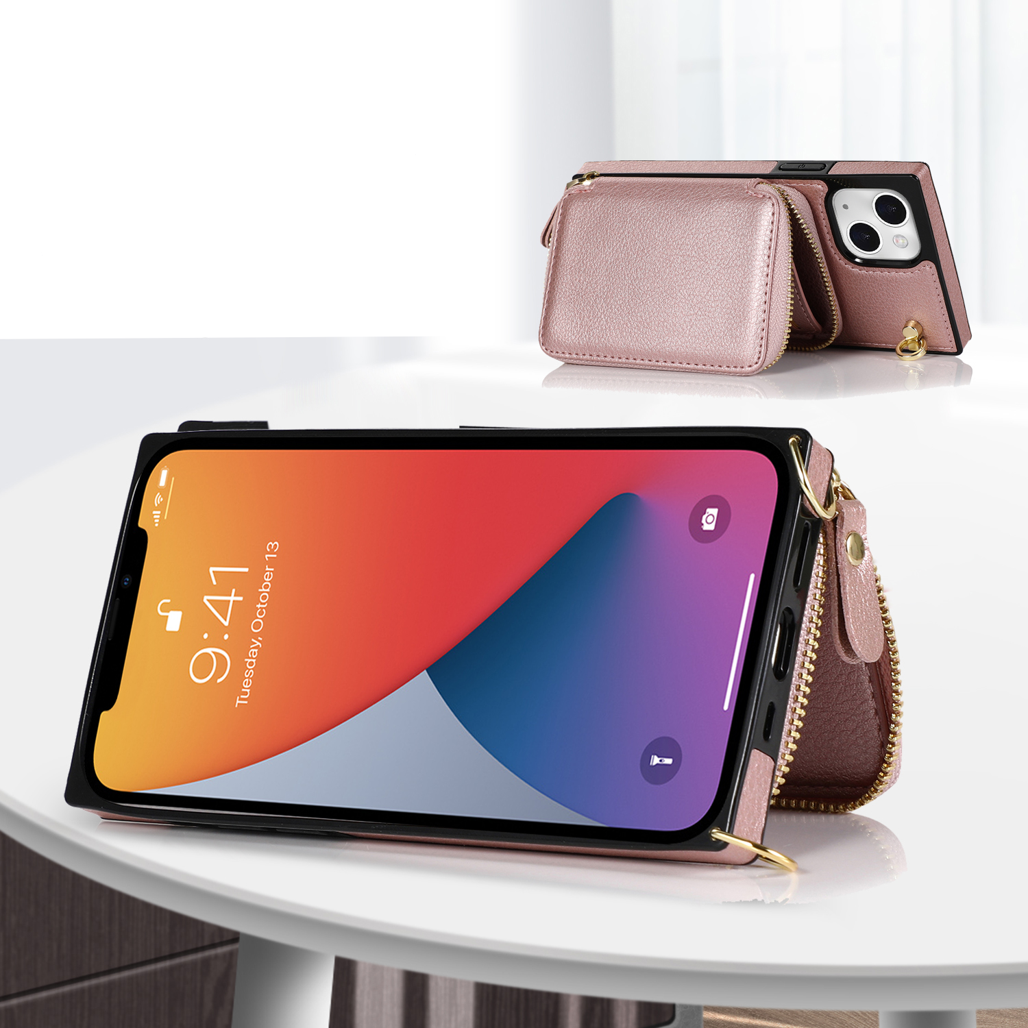 iPhone 13 Necklace Leder Schutz Hülle mit Kartenfächer   Handykette (140cm) - Roségold
