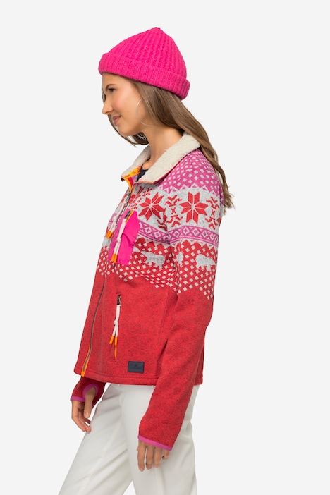 Strickfleece-Jacke, Norweger-Muster, Stehkragen, Zipper, Langarm