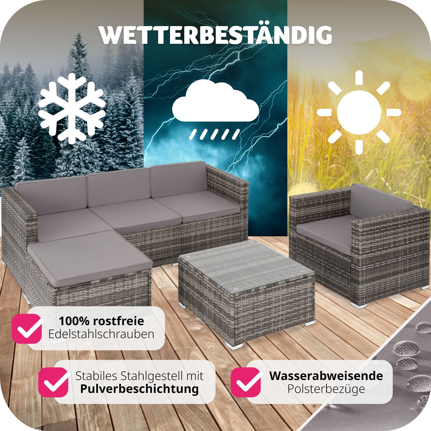 tectake® Rattan Lounge, für 4 bis 5 Personen, UV-beständig, variabel aufstellbar