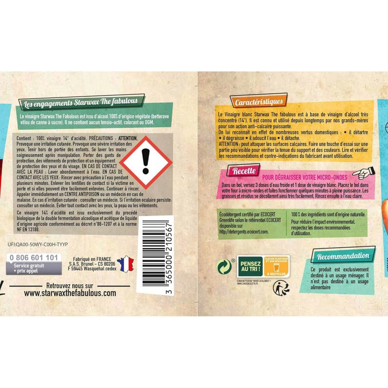 Vinaigre blanc 14° Starwax The fabulous - Flacon de 1 L