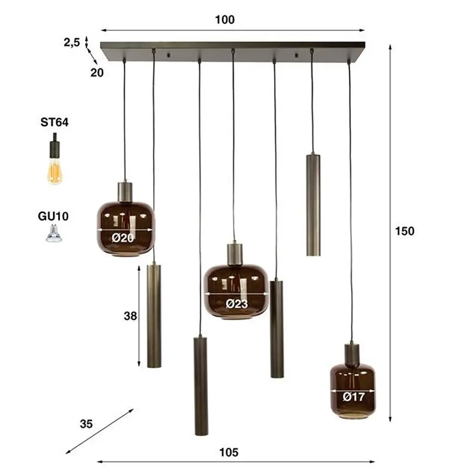 Hoyz Collection - Hanglamp Bronza Mix 4 3-lichts - Sienna Brown