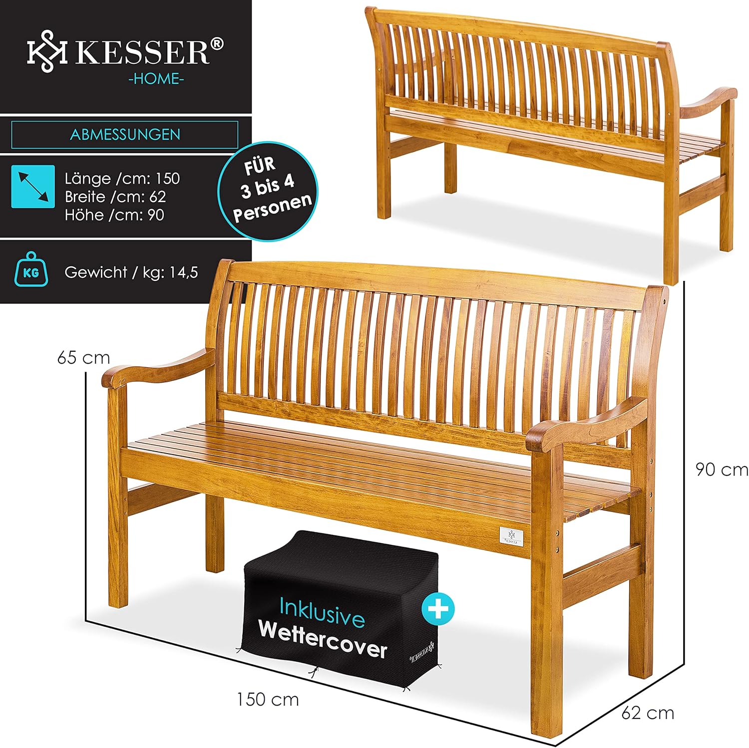 KESSER® Gartenbank Holz Holzbank wetterfest | Für 3 bis 4 Personen | Parkbank aus Massivholz | Sitzbank 320 kg belastbar 150 cm | Balkonbank Bank für Balkon Terrasse & Garten inkl. Cover Hellbraun